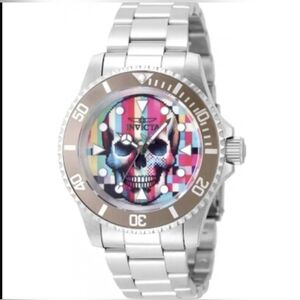 Invicta Silver Watch with Colorful Skull Dial